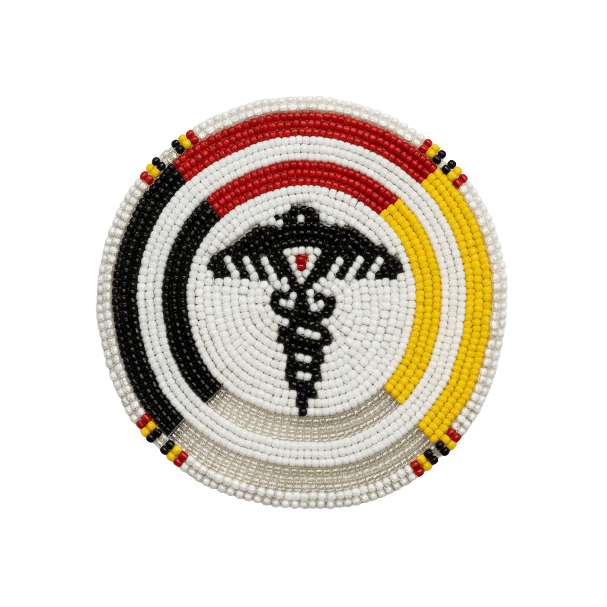 a beaded circle with a symbol on it