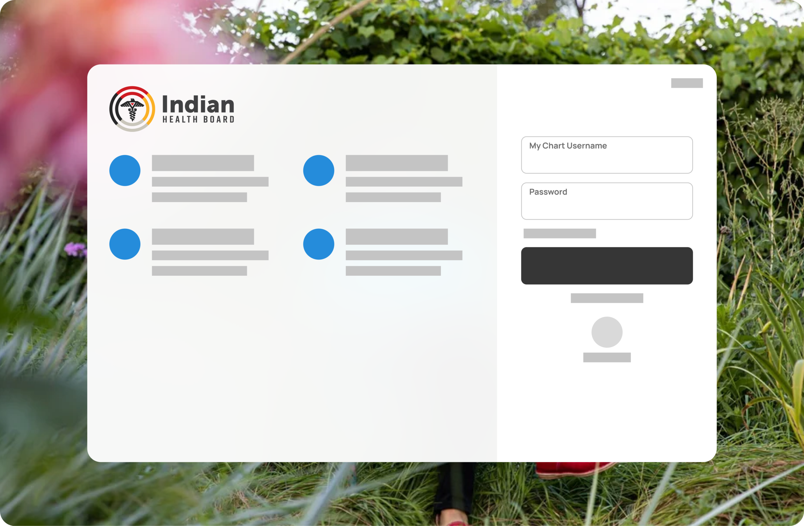 Indian Health Board website desktop mockup showing MyChart login form