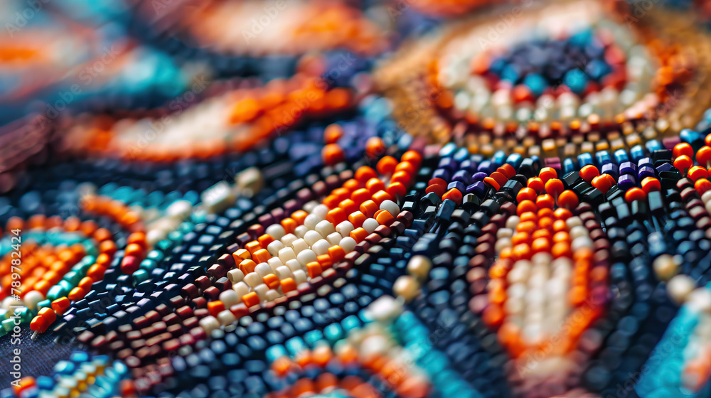 Close-up of colorful Native American seed bead embroidery with circular patterns in orange, blue, and cream
